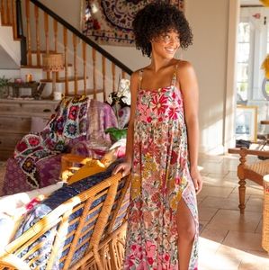 Natural Life Patti Side Slit Floral Boho Peasant Hippie Maxi  Dress, Size L XL